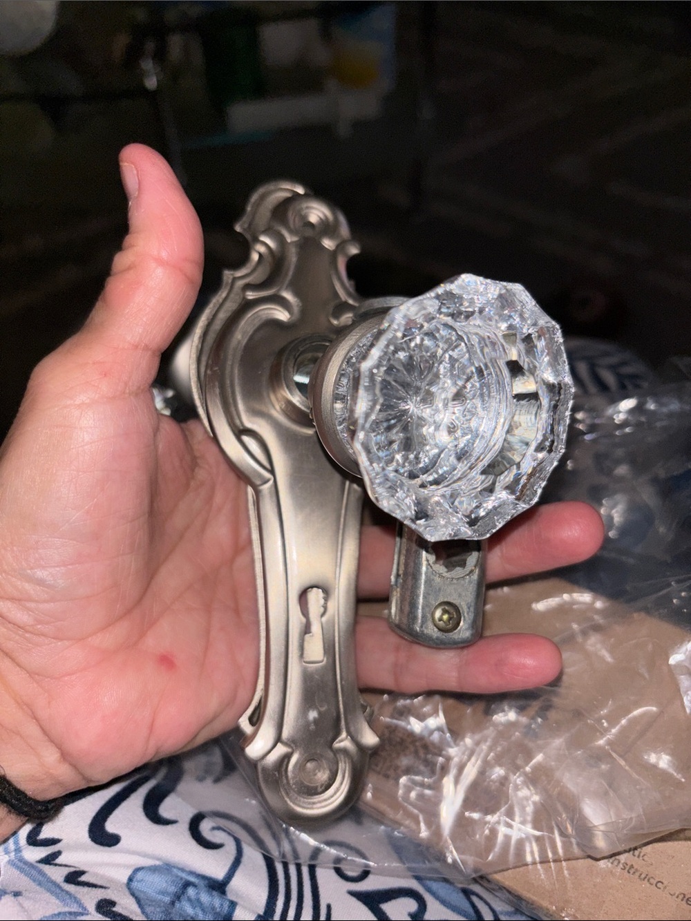 Vintage Silver Metal Backplate with Clear Glass Crystal Door Knob